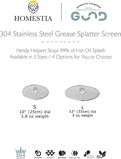 Homestia Splatter Screen for Frying Pan, 10 Inch Grease Splatter Guard | 304 Stainless Steel Ultra Fine Mesh Lids, Splatter Screen for Cooking, Rust-Free - No Oil Mess, No Burns, with Fold Flat Knob