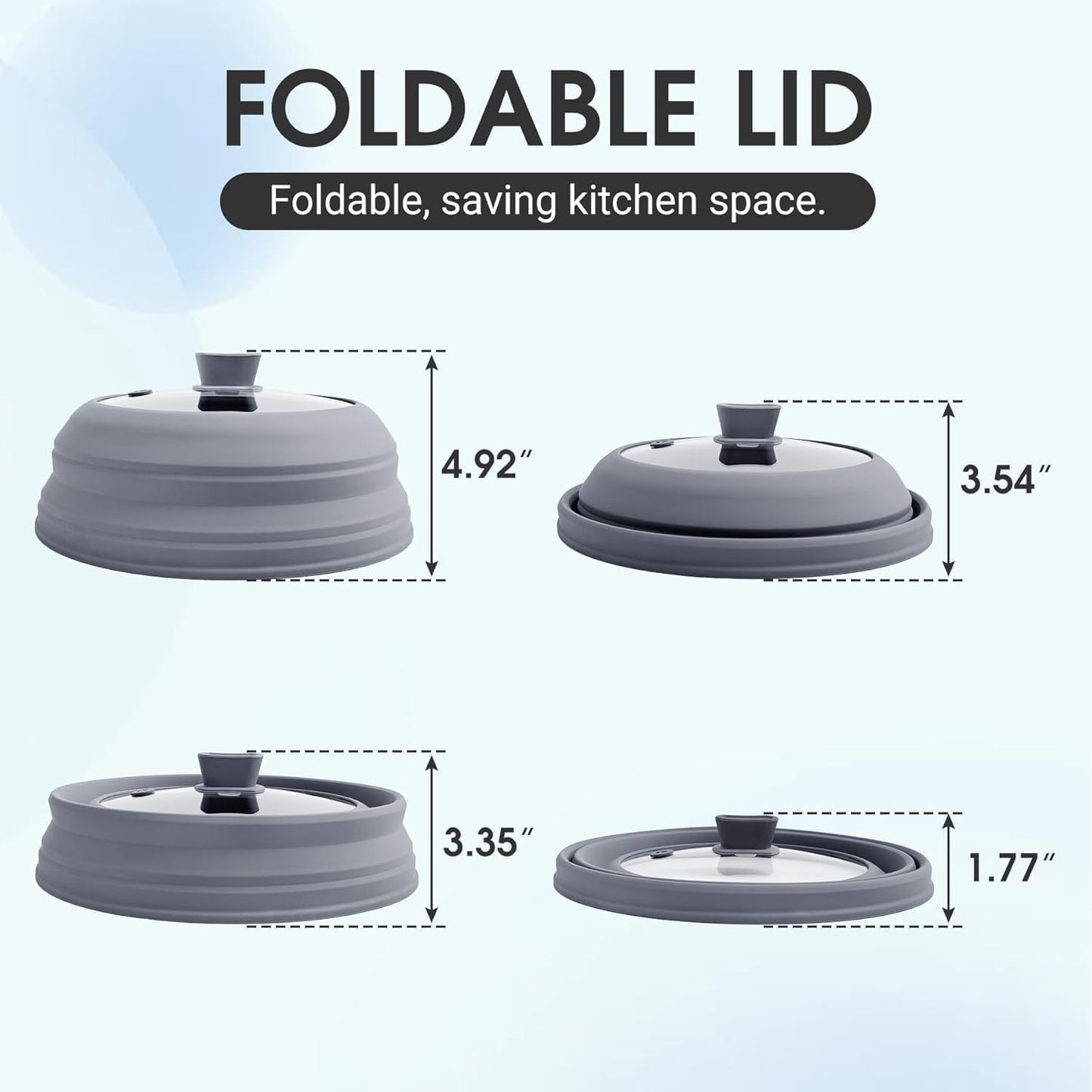 10.5 Inch Silicone & Glass Microwave Splatter Cover, Non-Plastic Collapsible Vented Microwave Food Cover With Heat Resistant Handle, Universal Fit Plates and Bowls, Grey