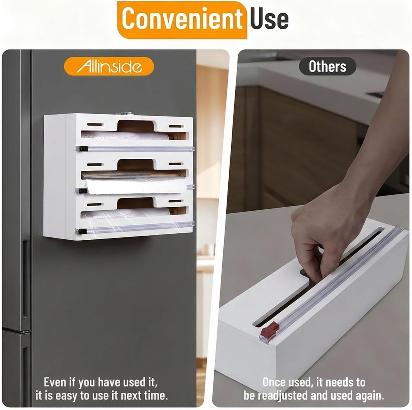 Allinside Magnetic Plastic Wrap Dispenser with Cutter, 3 in 1 Refrigerator Bamboo Wood Organizer for Tin Foil, Baking, Wax Paper Holder Kitchen Storage Box Compatible with 12.9" Roll, Black (3 Layer)