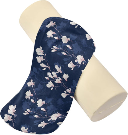Gredecor Cervical Neck Roll Pillow Magnolia White Flowers on Navy Blue Round Memory Foam Pillows Cylinder Bolster Pillow with Washable Cover, Pain Relief Neck Pillows for Sleeping Support, 5.5x17IN