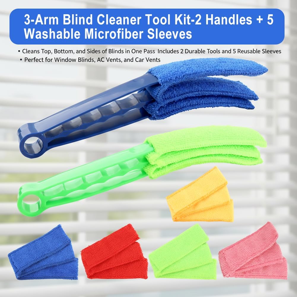 2PCS Blind Cleaner Brushs with 5 Reusable Microfiber Sleeves Brush, Window Blind Duster Tool Blind Cleaner Tool for Window, Car Air Condition, Fans, Exhaust Vent