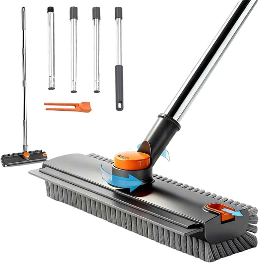 3 in 1 Floor Scrub Brush,Floor Scrubber with Squeegee and Tweezer, Push Broom with Long Handle,Heavy-Duty Stiff 90° Bristle Broom for Patio,Shower, Garage,Deck,Tile, Concrete & Wood Surface