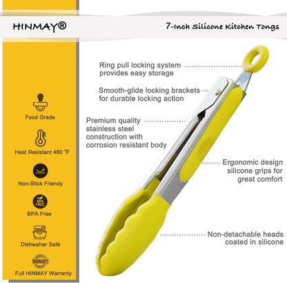 HINMAY Mini Tongs with Silicone Tips 7-Inch Serving Tongs, Set of 3 (Red Blue Green)