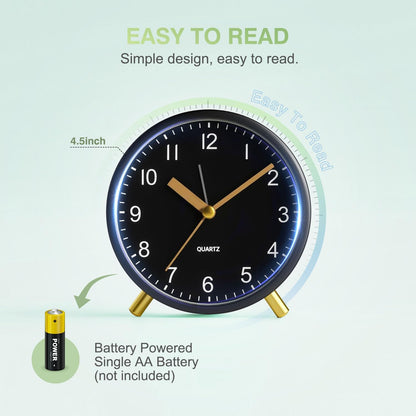 Back to School Silent Analog Quartz Alarm Clock for Kids Bedroom,Night Light, Battery Operated, Fashionable Round Metal