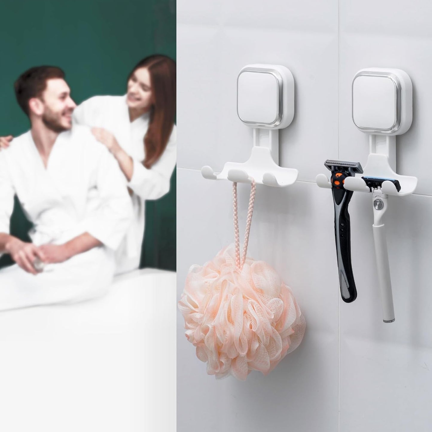 Razor Holder for Shower 2 Pack, Powerful Vacuum Suction Cup Hook for Towel, Loofah, Razor, Squeegee, Damage-Free Wall Shower Hook, Shaver Holder for Bathroom, Easy to Install and Reuse, Black