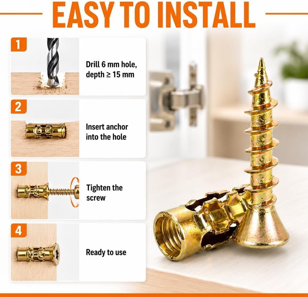6×14mm Short Expansion Screw Set for Cabinet Hinge Repair & Stripped Thread Restoration,Secure Cabinet Door Fastening, Suitable for Tile Stone Wood and More (30pcs)