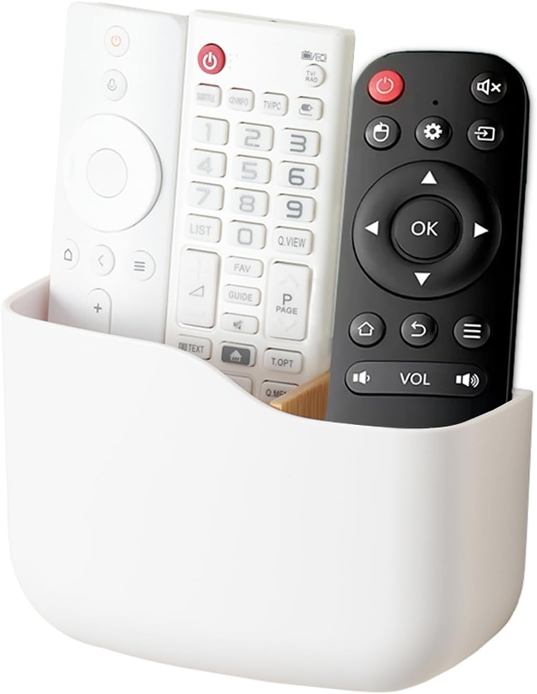 SUNFICON Adhesive Remote Control Holder Wall Mount Media Player Controller Holder Universal TV Remote Organizer Caddy Box Tray Easy Phone Charging Home Office Desk Nightstand White