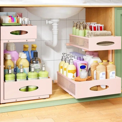 Under Sink Organizer, 2-Pack Pull Out Cabinet Organizer 2 Tier Metal Slide Out Storage Shelf Rack, L-Shaped Adjustable Height,Mesh Sliding Drawer for Kitchen, Bathroom, Laundry, Pantry, White, XL
