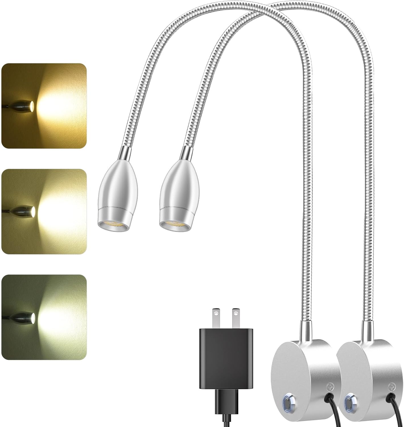 Wall Mounted LED Reading Light with 15" Flexible Gooseneck, Dimmable Book Light for Reading In Bed with USB Charging Port, Plug In Headboard Night Lights, 3 Colors Temperature, Touch Control-2 Pack