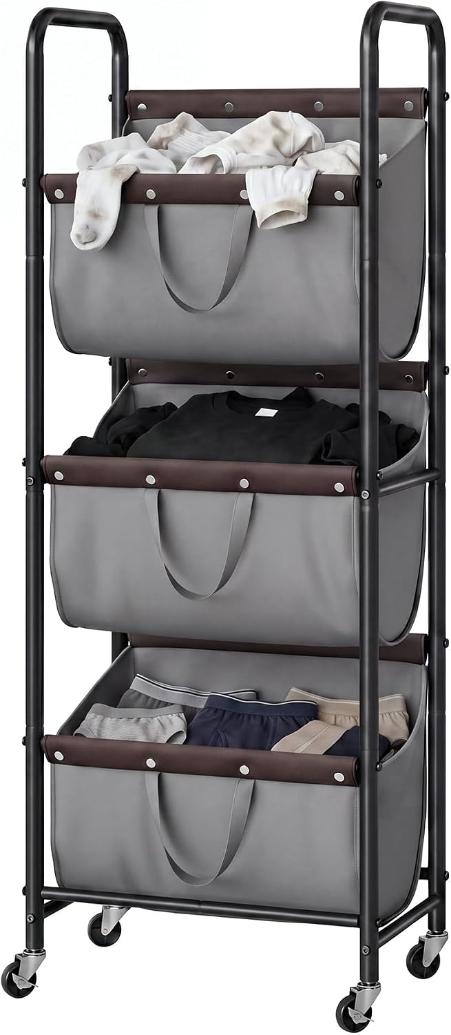 GRANNY SAYS 3 Tiered Laundry Sorter, Narrow Hamper Cart with Wheels | Sturdy 3 Section Laundry Basket with Wheels, Vertical Beige Hamper Cart for Bedroom, Bathroom, Apartment