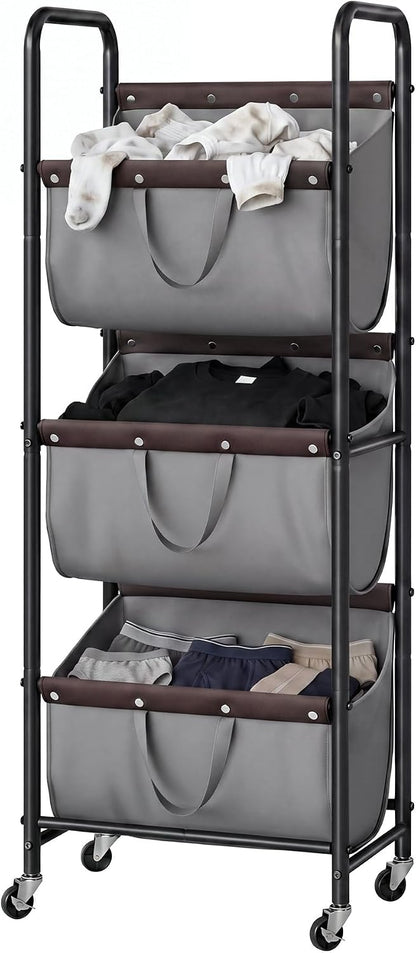 GRANNY SAYS 3 Tiered Laundry Sorter, Narrow Hamper Cart with Wheels | Sturdy 3 Section Laundry Basket with Wheels, Vertical Beige Hamper Cart for Bedroom, Bathroom, Apartment