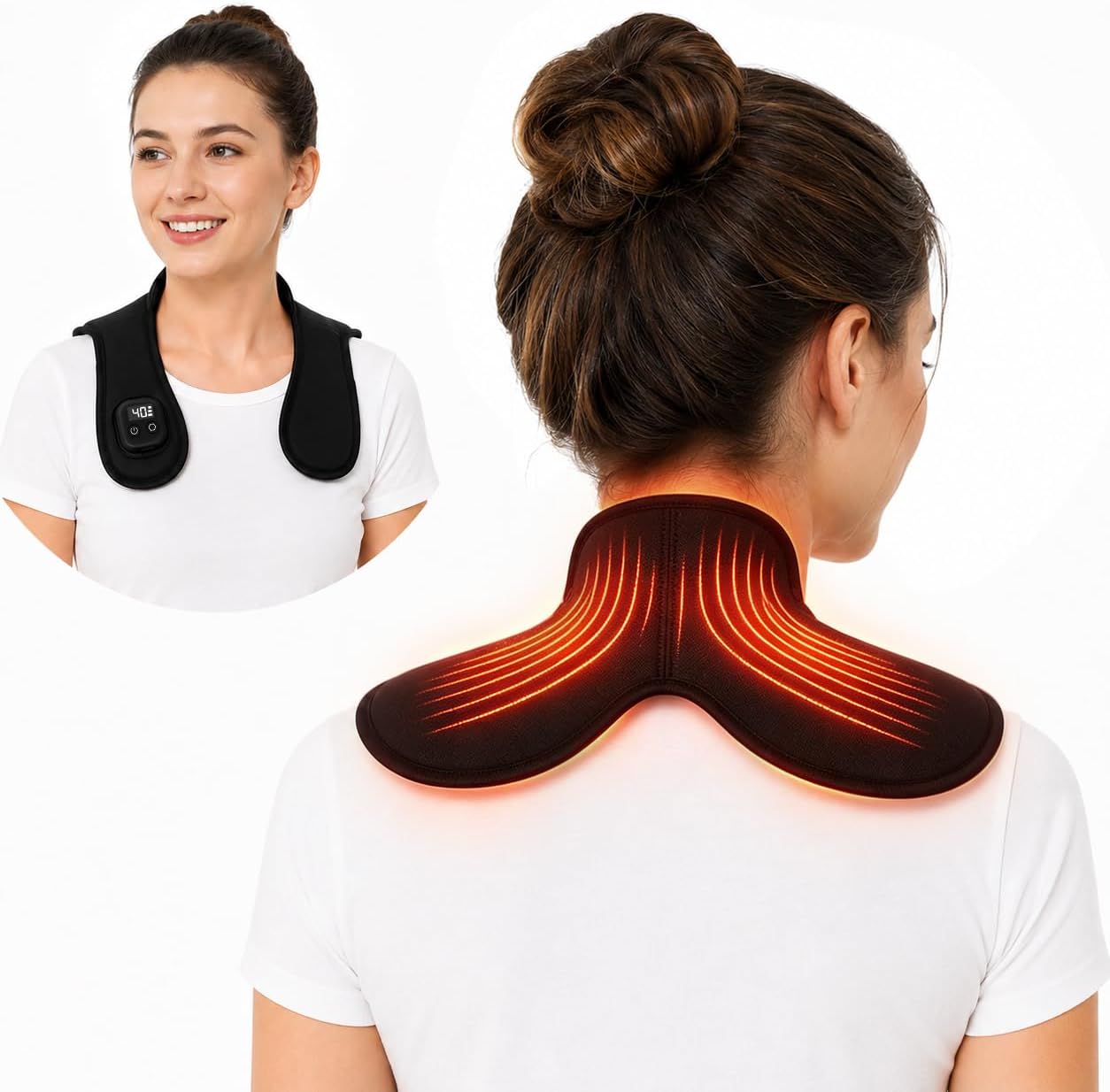 Cordless Electric Heating Pad for Neck & Shoulder, 5000mAh Rechargeable Neck Heating Pad with 3 Heat Levels 3 Time Settings, Portable Small Thin Mini Heated Neck Wrap (Black)