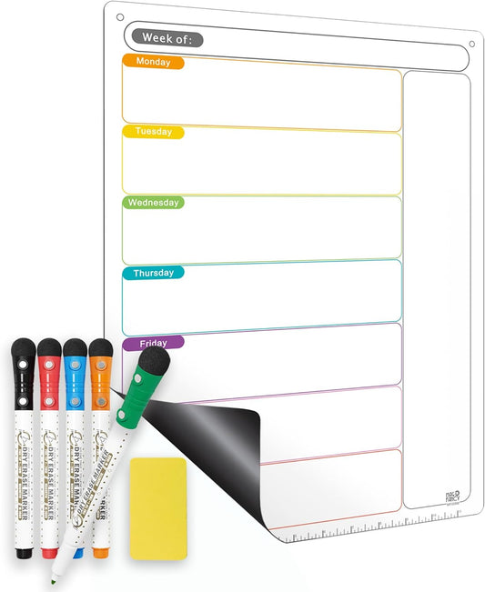 Magnetic Calendar for Fridge, Dry Erase Weekly Planner, 13" x 16.9" | Strong Magnetic Hold, Vertical Weekly Layout, Large Daily Spaces, Easy to Clean, Color-Coded, Dual-Magnet Markers & Eraser