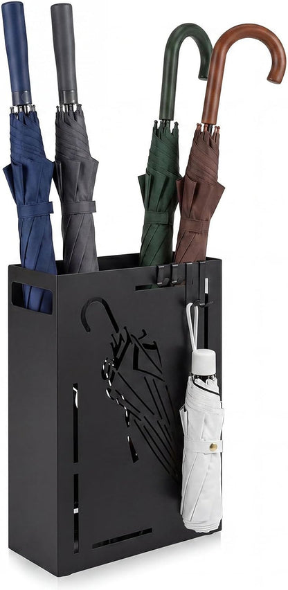 Goplus Metal Umbrella Holder, Indoor Umbrella Stand Freestanding, Black | Removable Drip Tray, 4 Hanging Hooks, Heavy-Duty Rectangular Umbrella Holders for Entryway, Home Office, 11 x 5 x 16 Inch
