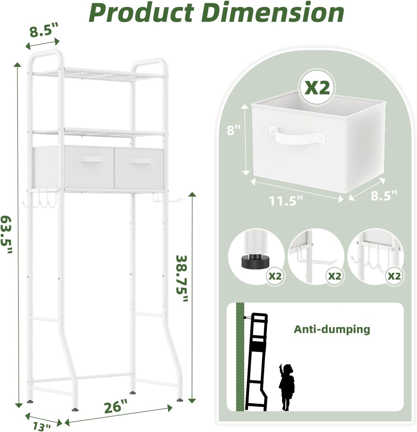 Simple Trending Over The Toilet Storage Cabinet, Metal Bathroom Shelf Organizer with Paper Holder and Hooks, 3 Tier, Black