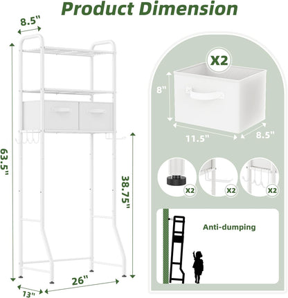 Simple Trending Over The Toilet Storage Cabinet, Metal Bathroom Shelf Organizer with Paper Holder and Hooks, 3 Tier, Black