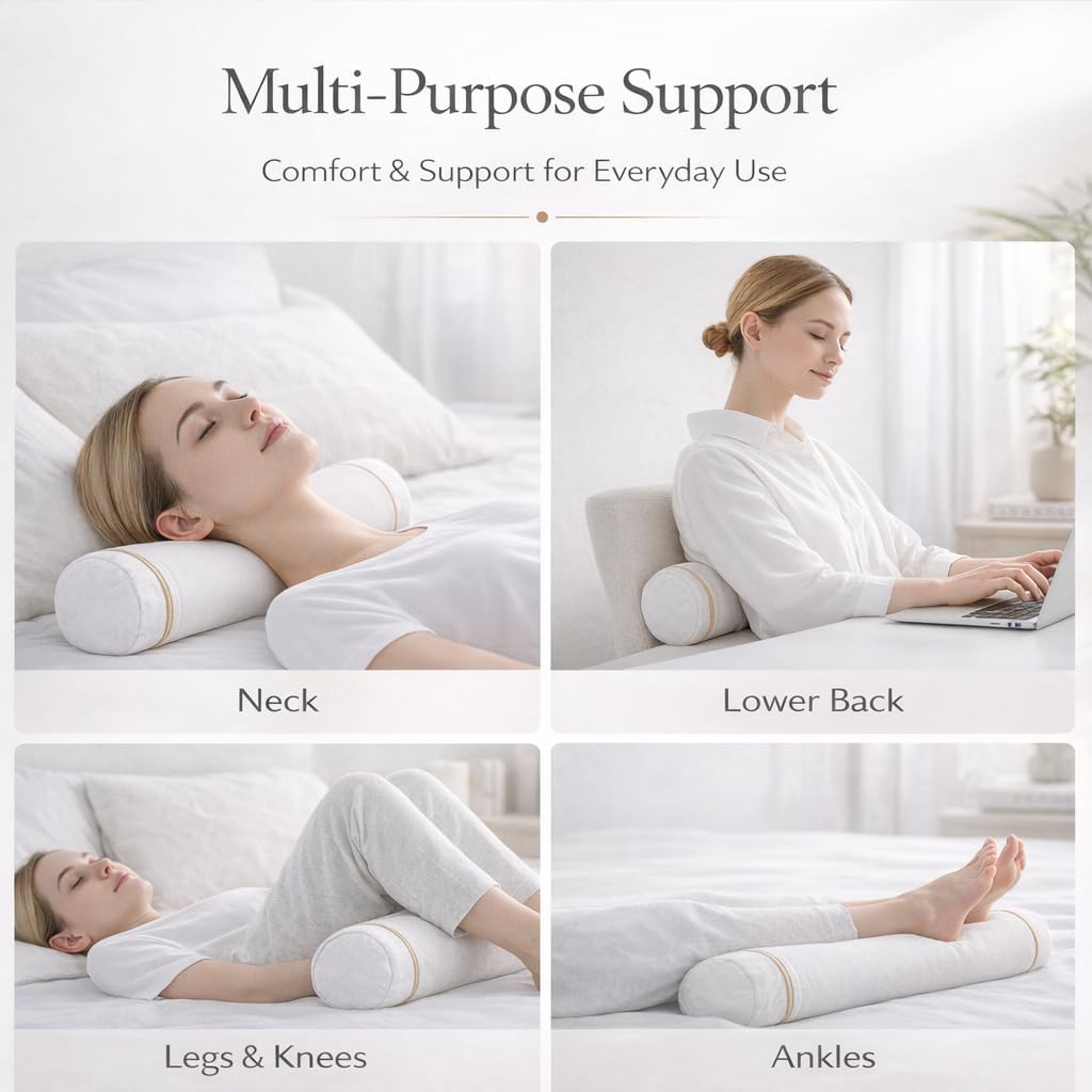 Buckwheat Pillow for Neck Pain, Organic Buckwheat Hull Neck Roll, Adjustable Cervical Support Bolster for Sleeping, 100% Cotton Cover, Breathable & Cooling (Standard Size, White)