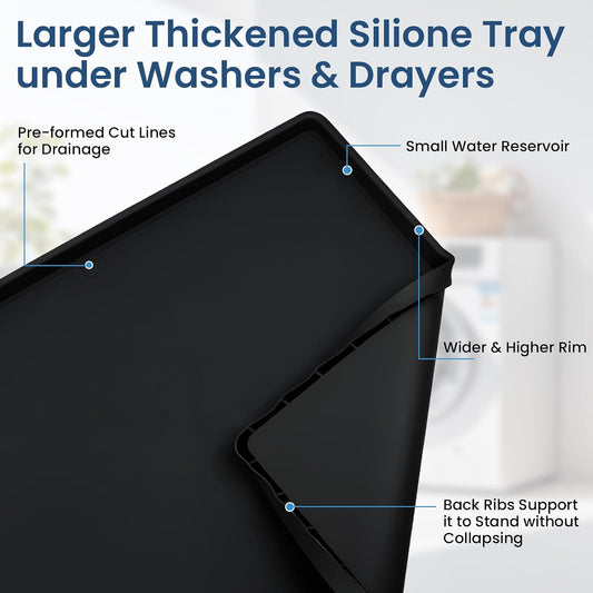 33 X 30 inch Large Thickened Silicone Washing Machine Drain Pan (Grey) | 1-1/5" Raised Edge , Leak Protection Anti-Vibration Non-Slip Washing Machine Tray for Washer Dryer Other Appliances （Black）