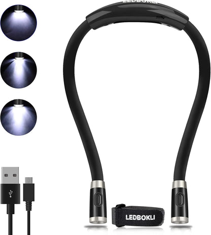 LEDBOLIK Neck Reading Light Blue, 660mAh Rechargeable Book Light for Reading in Bed – 6 Brightness, Bendable Arms, Hands Free for Knitting, Crocheting