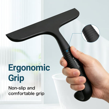 SetSail Shower Squeegee for Glass Doors,One-piece All Silicone Squeegee | Streak-Free Bathroom Squeegee for Shower Glass Window Mirror Tile Wall, Built-in Hook, Ergonomic Grip, Black（9.5-inch）