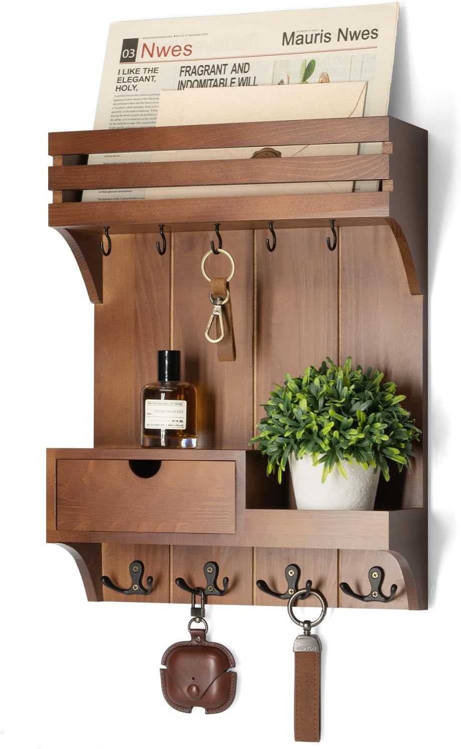 Rebee Vision Key Holder Wall Mount with Drawer Organizer for Entryway,Brown | Pine Wood, 6 Key Hooks, Display Shelf for Plants, Mail Slot for Storage Letter, Multi-Funtional Design, Home Storage