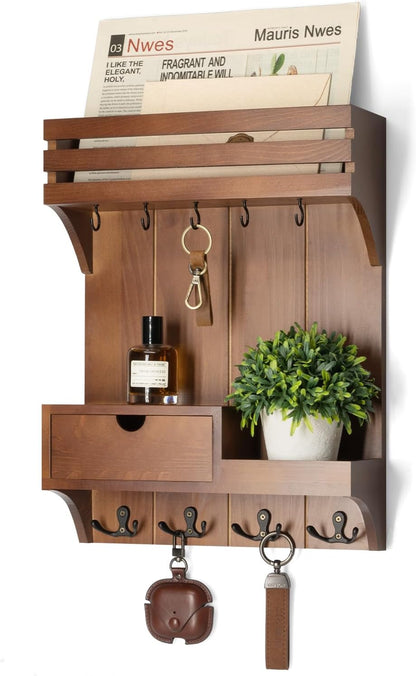Rebee Vision Key Holder Wall Mount with Drawer Organizer for Entryway,Brown | Pine Wood, 6 Key Hooks, Display Shelf for Plants, Mail Slot for Storage Letter, Multi-Funtional Design, Home Storage