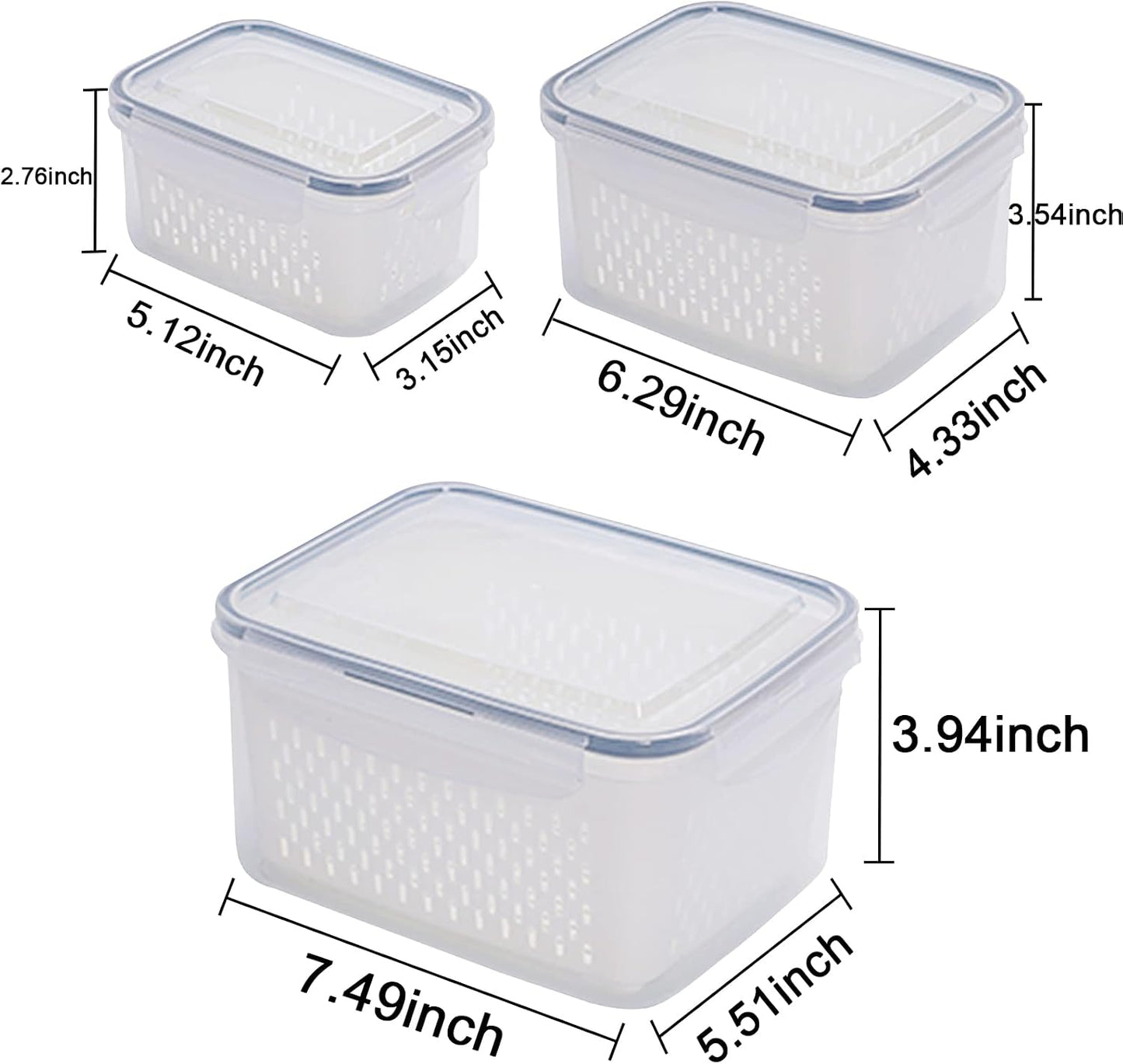 3Pack Fridge Food Storage Container Set with Lids with Strainer, Fruit Vegetable Storage Containers Keep Fruits, Vegetables, Berry, Meat Fresh longer, BPA-Free Plastic Produce Keepers