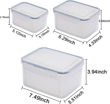 3Pack Fridge Food Storage Container Set with Lids with Strainer, Fruit Vegetable Storage Containers Keep Fruits, Vegetables, Berry, Meat Fresh longer, BPA-Free Plastic Produce Keepers