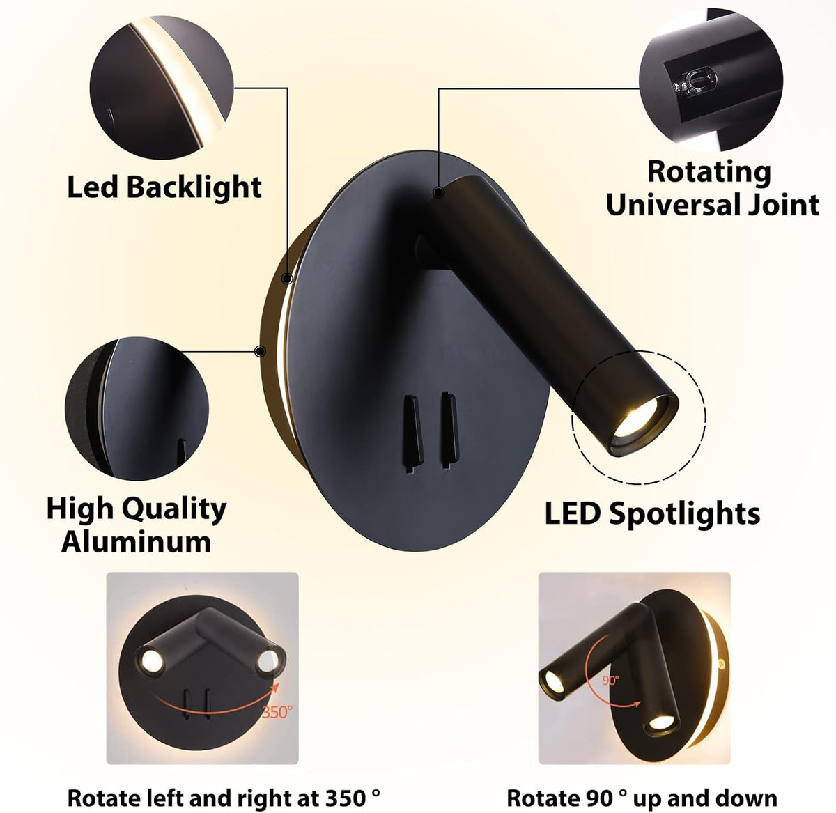 ZEROUNO Hardwired Sconces Wall Mounted Reading Lights with Switch LED Wall Lighting for Bedroom Bedside Lamps (Black)