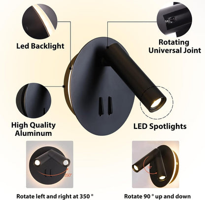 ZEROUNO Hardwired Sconces Wall Mounted Reading Lights with Switch LED Wall Lighting for Bedroom Bedside Lamps (Black)