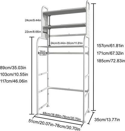 Adjustable Laundry Organizer Shelf over the Washer and Dryer Storage Shelf | 3 Tier Expandable Over Washer Storage, Over Toilet Washing Machine Bathroom Organization Shelves with Pegboard and Hook