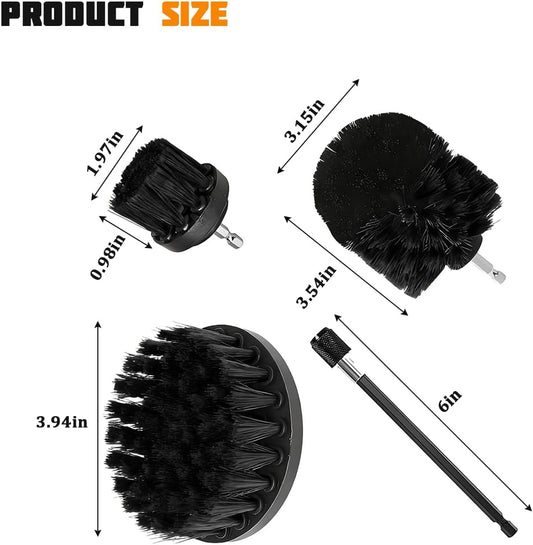4PCS Drill Brush Attachment Kit with Extension Rod, Red | PP bristles with steel shafts, three brush sizes, quick-change extension rod, follows curved surfaces, compact storage