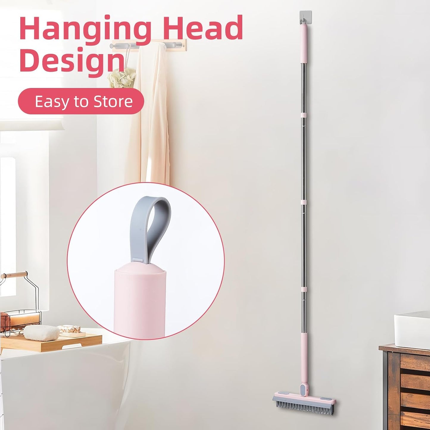 Floor Scrub Brush with Long Handle,Squeegee, Grout Brush | V-Shaped Stiff Bristles, For Tile Line, Bathroom, Crevice, Deck, Swimming Pool, Kitchen, Garage, Yard