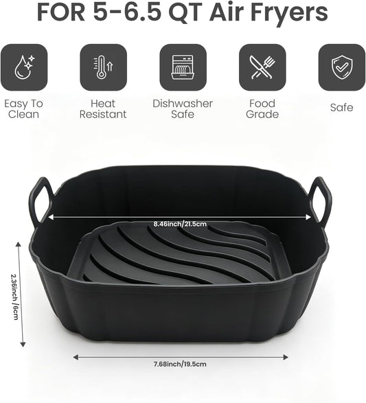 Redfly 2 Pack Silicone Air Fryer Liners,Square Reusable to 8.5in Air Fryer | Compatible with Ninja AF141 181、COSORI 5-6.5 QT Non-Stick Basket Inserts,Silicone Mat Bowl Air Fryer Accessories Kitchen