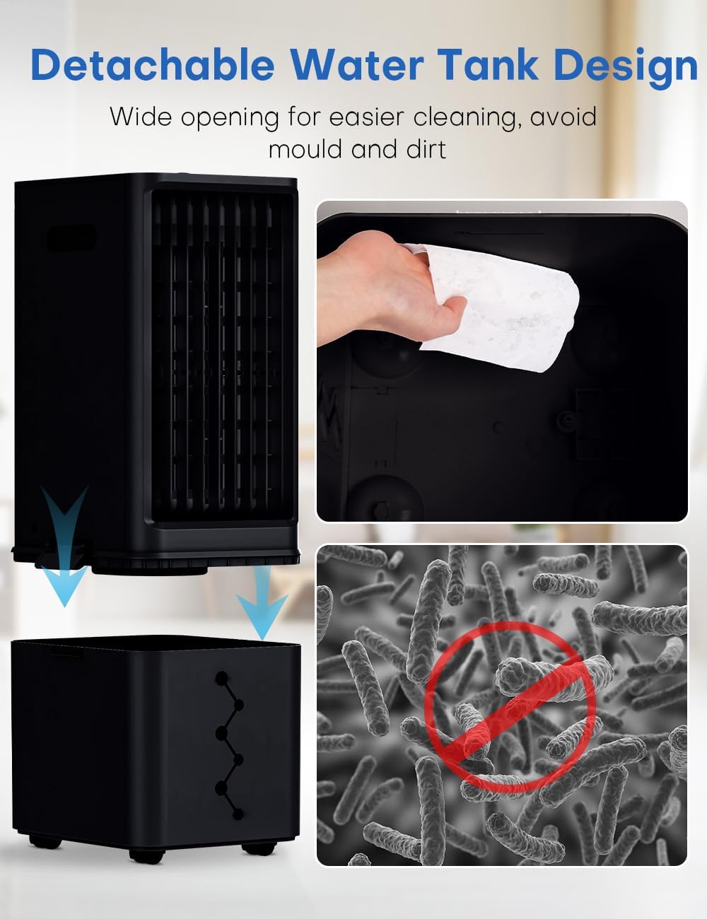 Portable Air Conditioners 4 Modes&3 Speeds,4 Ice Packs, Waterless Alert System, 12H Timer, Remote,1 Gal Detachable Water Tank, 70°Oscillation Windowless Evaporative Air Cooler for Room Office