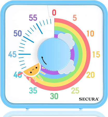 Secura 7.5-Inch Rocket Pattern Visual Timer for Kids, 60-Minute Countdown Timer for Classroom or Kitchen, Durable Mechanical Timer Clock with Magnetic Backing (Blue)