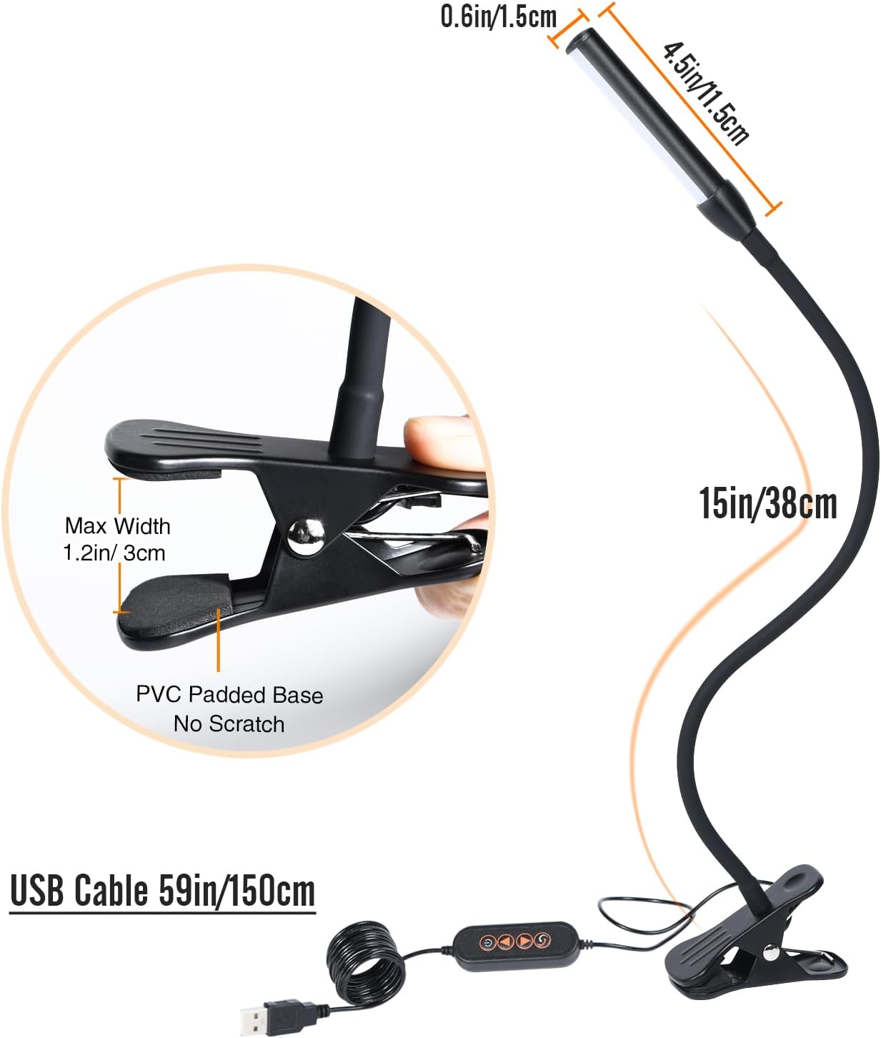 Clip on Reading Lamp, Clip Light, Warm & Daylight & White Light 3 Colors, Eye-Care Clamp Lamp with 10 Dimmable Illumination Modes