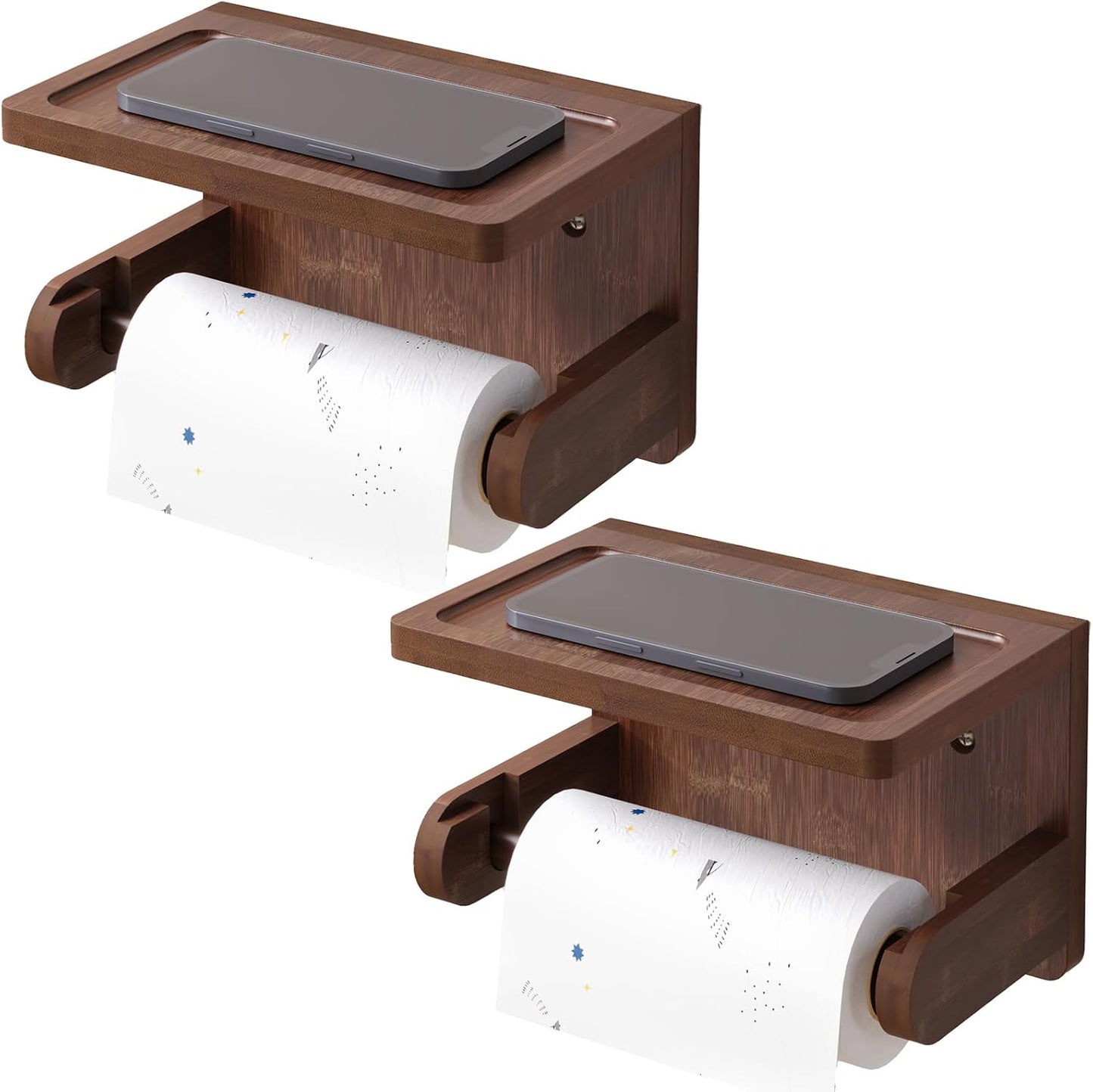 VERTORGAN 1 Pack Bamboo Toilet Paper Holder with Phone Shelf(Brown) | Bathroom Tissue Holder,Wall Mounted Rack,Space-Saving Organizer,Phone Shelf Stand,Easy Installation,Toilet Paper Rack