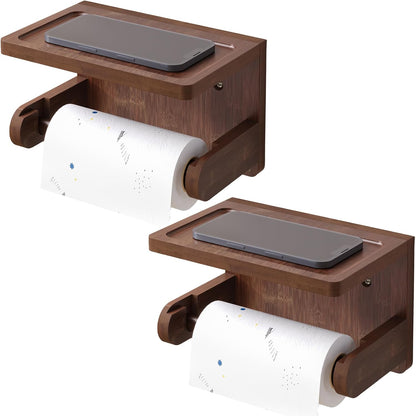 VERTORGAN 1 Pack Bamboo Toilet Paper Holder with Phone Shelf(Brown) | Bathroom Tissue Holder,Wall Mounted Rack,Space-Saving Organizer,Phone Shelf Stand,Easy Installation,Toilet Paper Rack