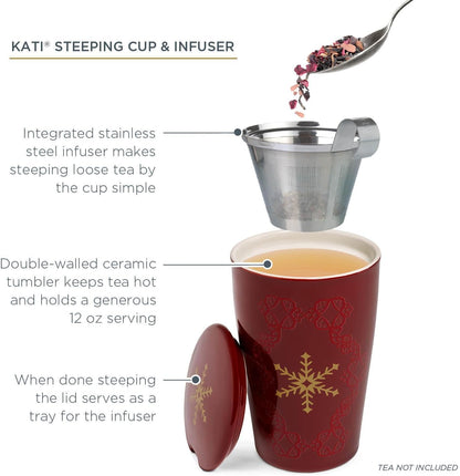Tea Forte Double-Walled Ceramic Kati Cup, Noir, 12 oz | Insulated Ceramic - Stainless Steel Loose Leaf Infuser - Keeps Tea Hot Longer - Lid Included - Microwave & Dishwasher Safe