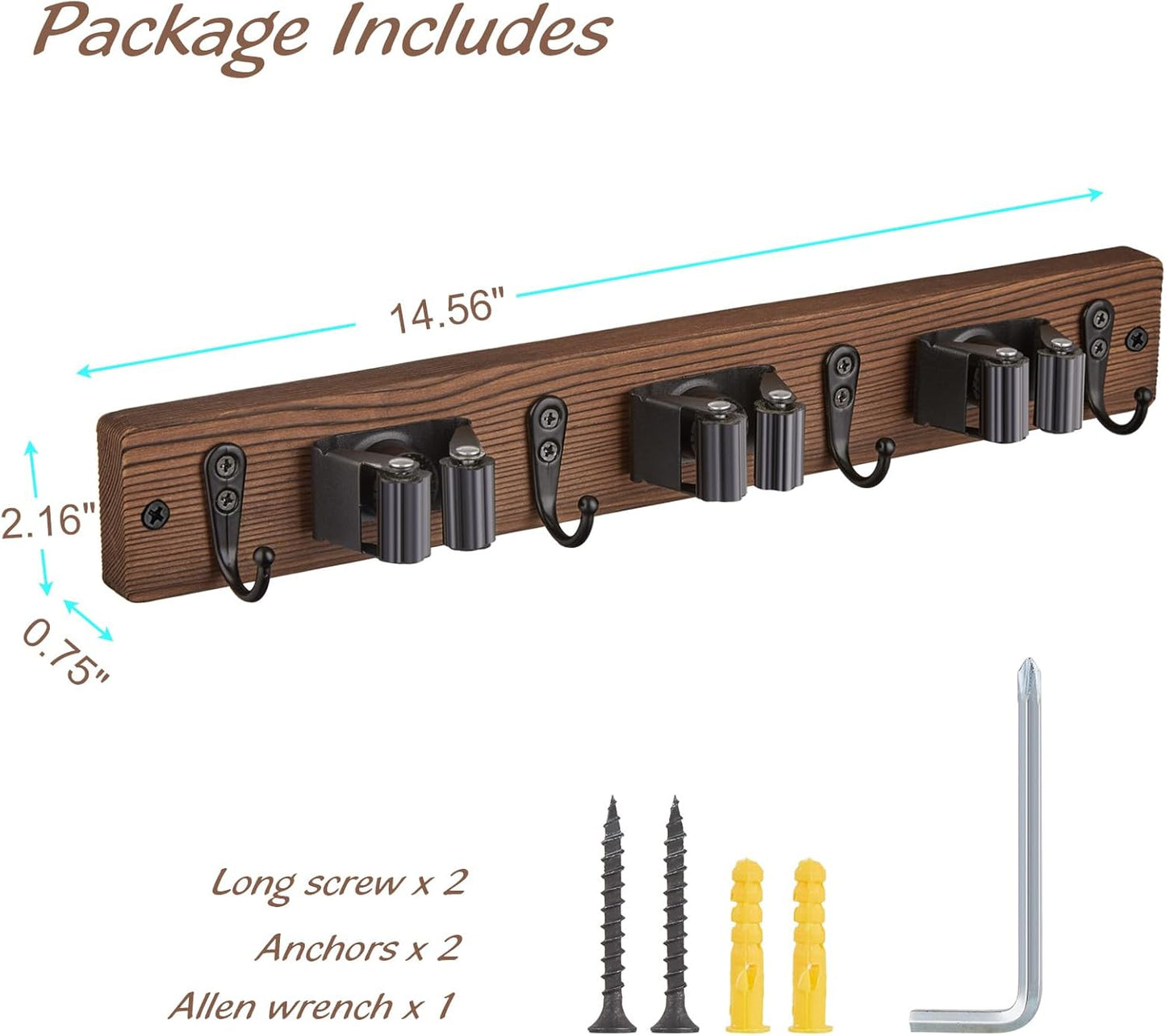 OUTNILI Mop and Broom Holder Wall Mount - Wood Broom Mop Hanger - Wall Mounted Garden Tool Rack Organizer for Closet Garage Laundry Room, Rustic Kitchen Decor With 4 Slots & 4 Hooks