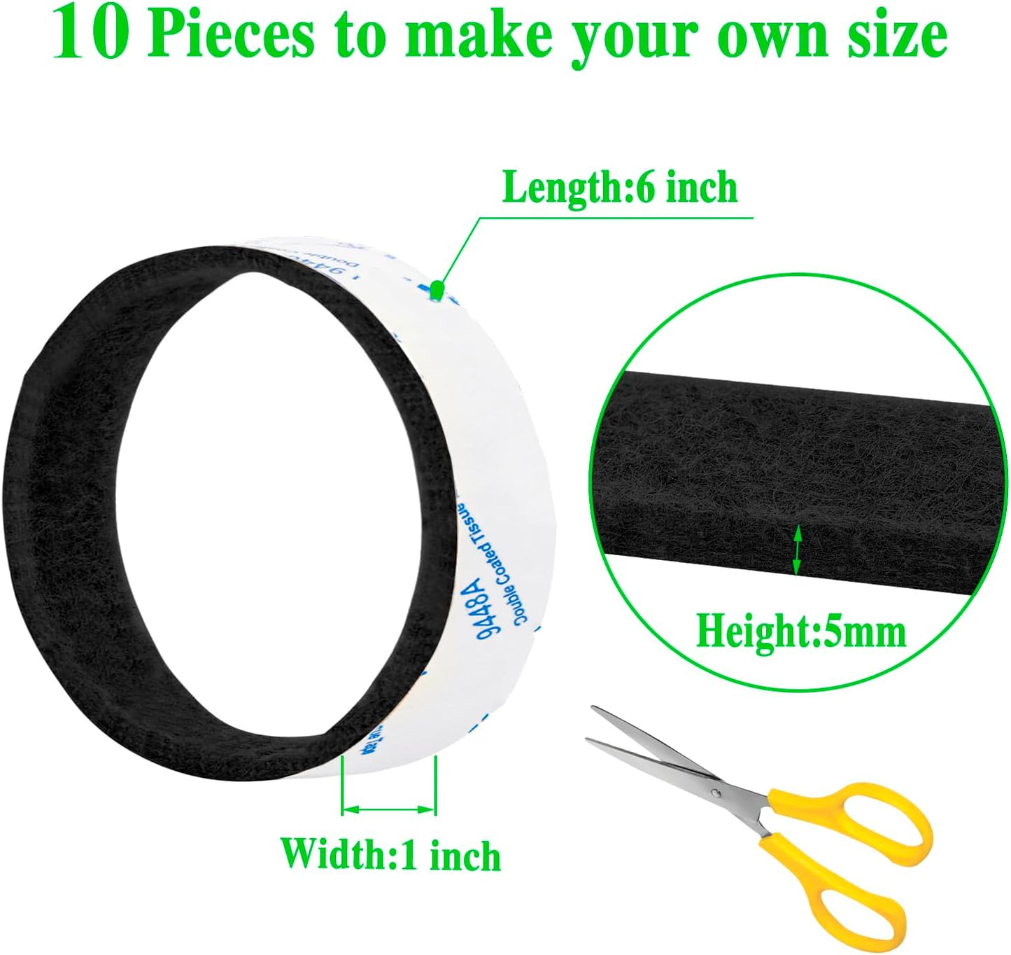 Felt Strips with Adhesive Backing, Felt Tape with Adhesive Backing, Felt Furniture Strips 2 Pack Roll 1/2x 60 Inches Black, Felt Strips for Furniture