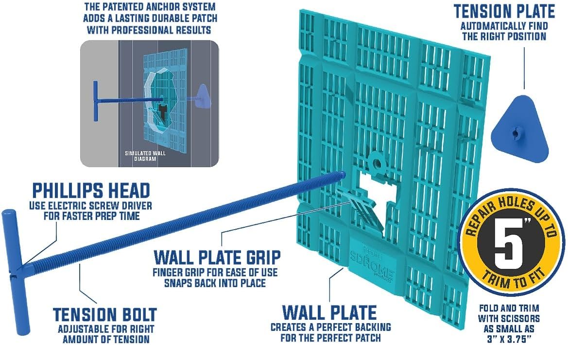Drywall Repair Kit by SD Home, Fix Large Holes Fast, Wall Plate, 2 Patch Dry Compound Bags, Sanding Block & Trowel, Perfect Drywall Hole Patch Solution, Quick & Easy Filler, Wall Putty, Spackle Paste