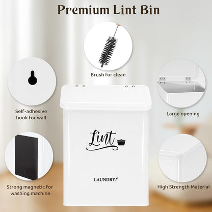 Magnetic Lint Bin for Laundry Room with Brush & Hook - Large Laundry Organizer and Storage, Wall Mounted Trash Can with Lid, Space-Saving Dryer Lint Holder Laundry Room Decor, Black
