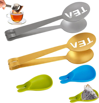 JEPELUS 2Pcs Tea Bag Squeezer Tongs with 2Pcs Tea Bag Holder Strainer