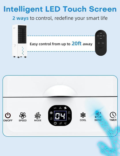 Windowless Air Conditioner w/4 Mode,3 Speed, Waterless Alert,2.4-Gal Tank for 24H Cooling, 12H Timer Swamp Cooler Air Conditioner, 20FT Remote,70° Auto Swing Evaporative Air Cooler for Bedroom