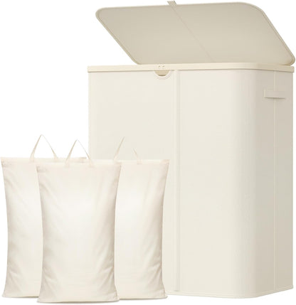Lifewit 185L 3 Section Laundry Hamper with Lid, Laundry Basket, Beige | Large Foldable Laundry Sorter with 3 Removable Bags, Tall Clothes Hamper for Bedroom and Bathroom