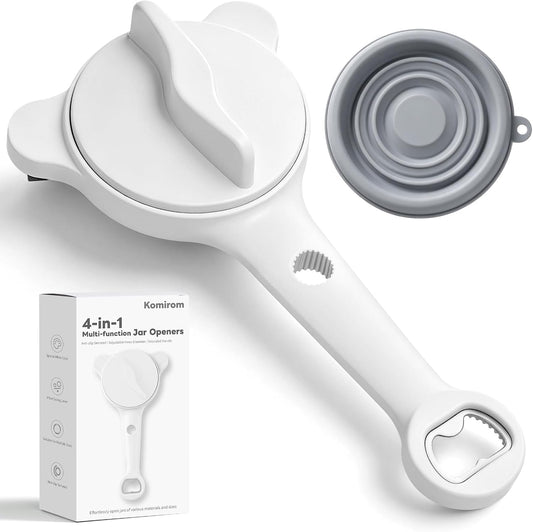 4-In-1 Jar Opener for Weak Hands & Seniors, Adjustable Fits Lid 0.98-3.54In | Effortlessly Opens Stubborn Screw Lids & Bottle Caps. White Jar Lid Opener, 3 Stainless Steel Claws, Kitchen Gifts For Women
