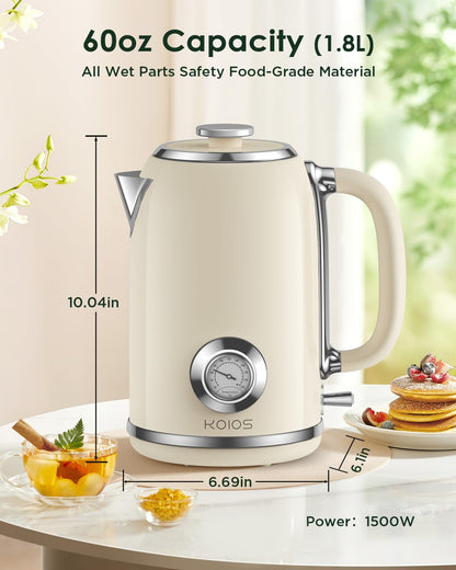 Electric Kettle 1.8L with Temperature Gauge, 1500W Fast Boiling Electric Tea Kettle, 100% Stainless Steel Retro-Style Hot Water Kettle Electric - Glowing LED Light, Auto Shut-Off & Boil-Dry Protection