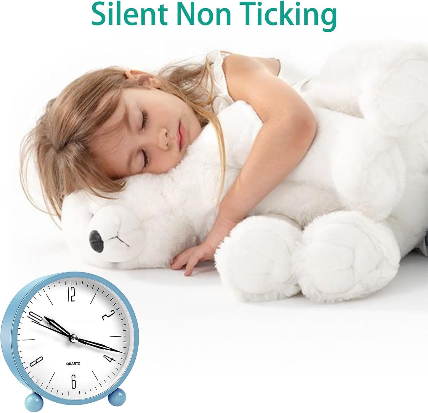 pxy Loud Alarm Clock for Heavy Sleepers 3D Dial Battery Operated (Battery Include), 4" Super Silent Analog Alarm Clock for Kids with Night Light PT260 Silver OrangePT505 Green White